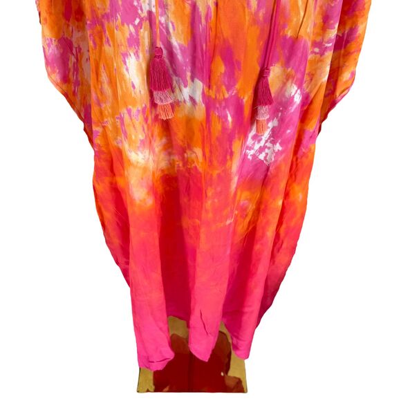 Tommy Bahama Tidal Tie Dye V-Neck Long Caftan L XL Pink Cover Up Tassel Beach - Picture 4 of 14